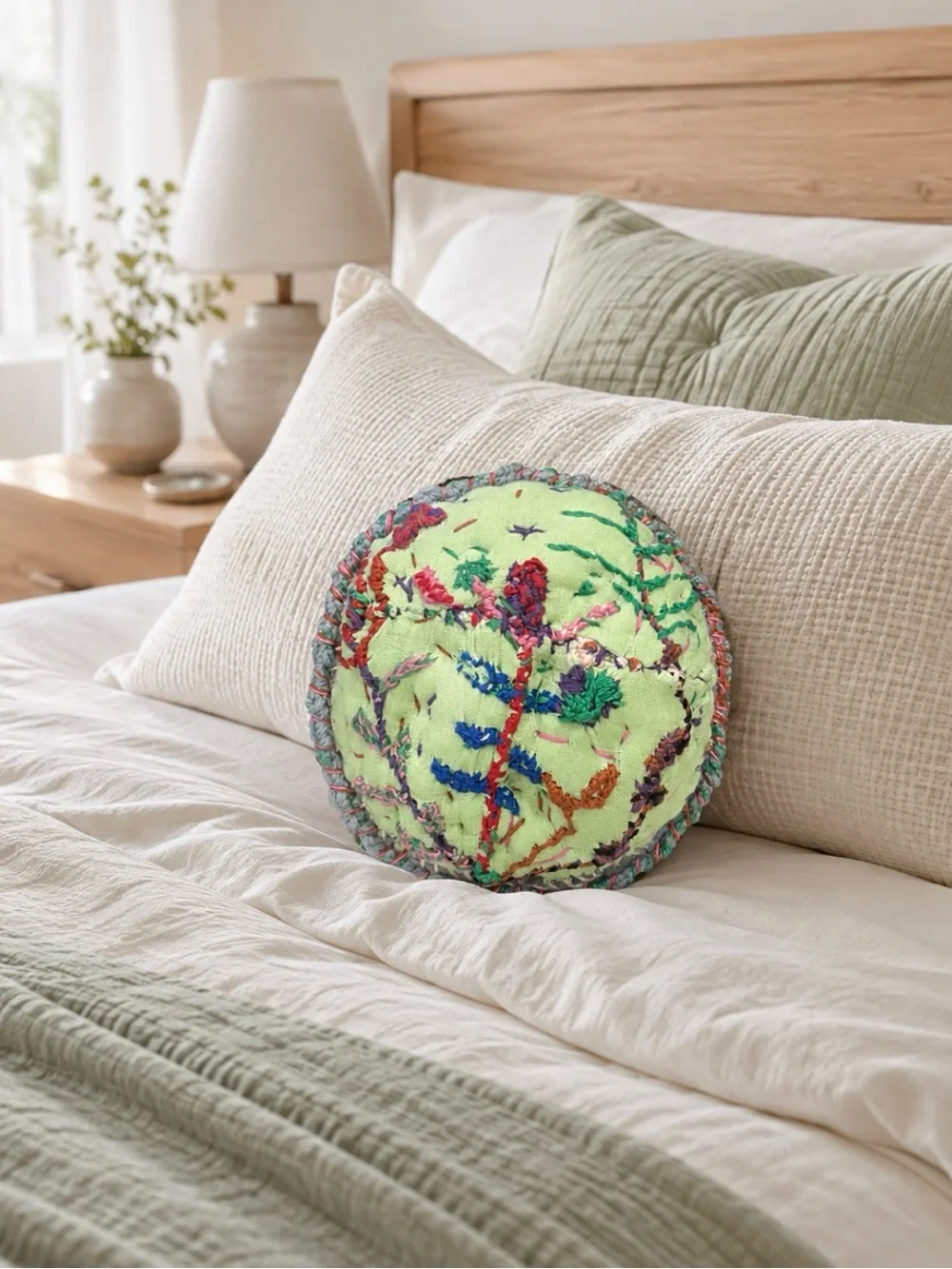 Handmade Embroidered Round Mini Throw Pillow 5” x 5” Small Decorative Cushion